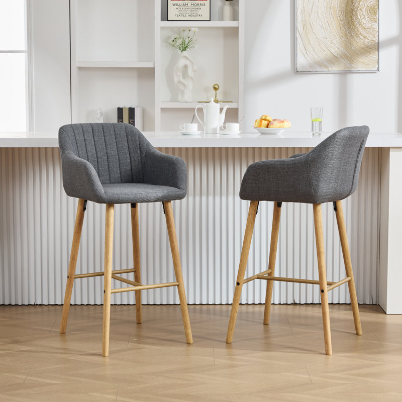 29.5'' Linen Upholstered Bar Stool with Wooden Legs, Gray