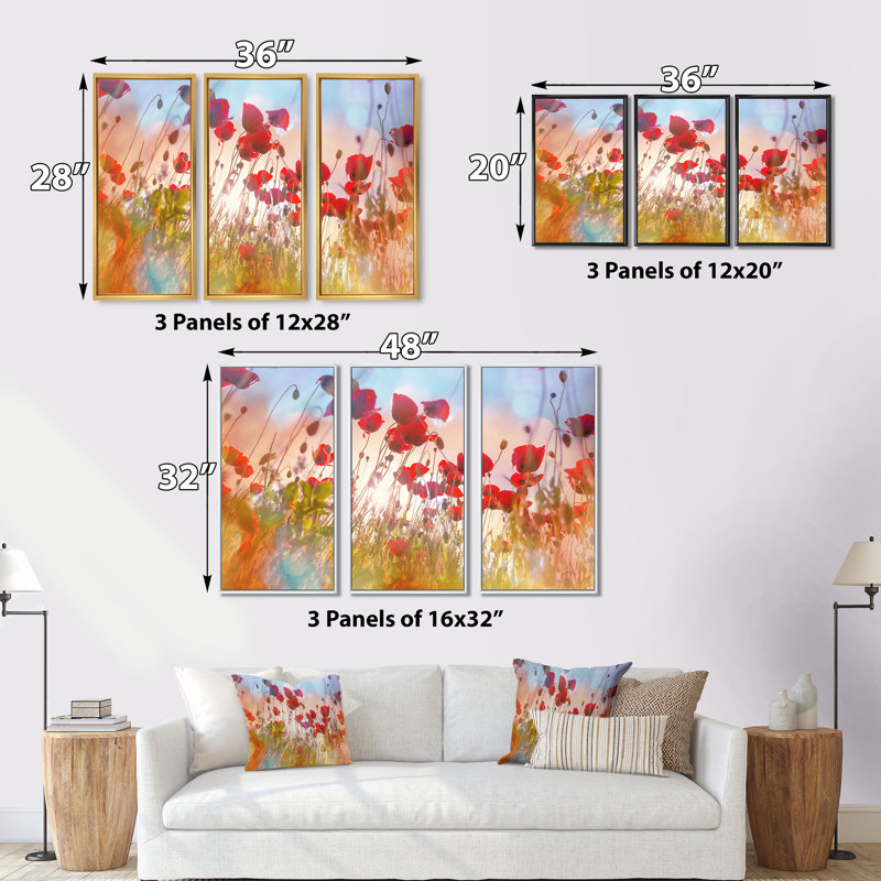 Jolies fleurs de coquelicot au soleil - ensemble de 3 toiles encadrées florales, Cadre noir, H 32 po x l 48 po x P 1 po