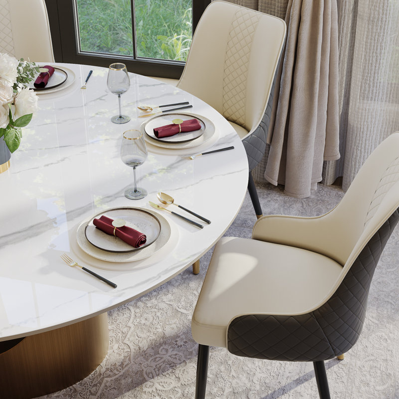 7-Piece Modern Round Dining Table Set For 6,  Glossy Sintered Stone Tabletop Kitchen Dining Table Set With PU Upholstered Chairs
