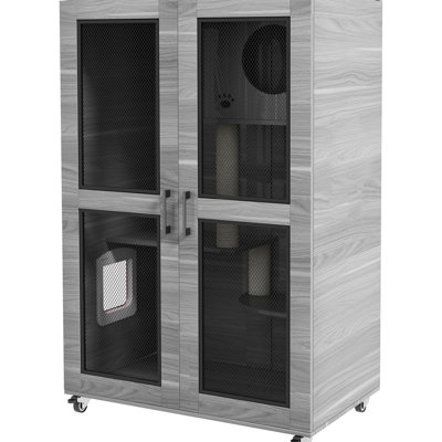 Maison pour chat de luxe avec roulettes, cage pour chat Catio Villa pour chats d'intérieur avec poteaux à griffer, condo, porte à rabat, coussin, gris, 31,5 po x 20 po x 48,5 po