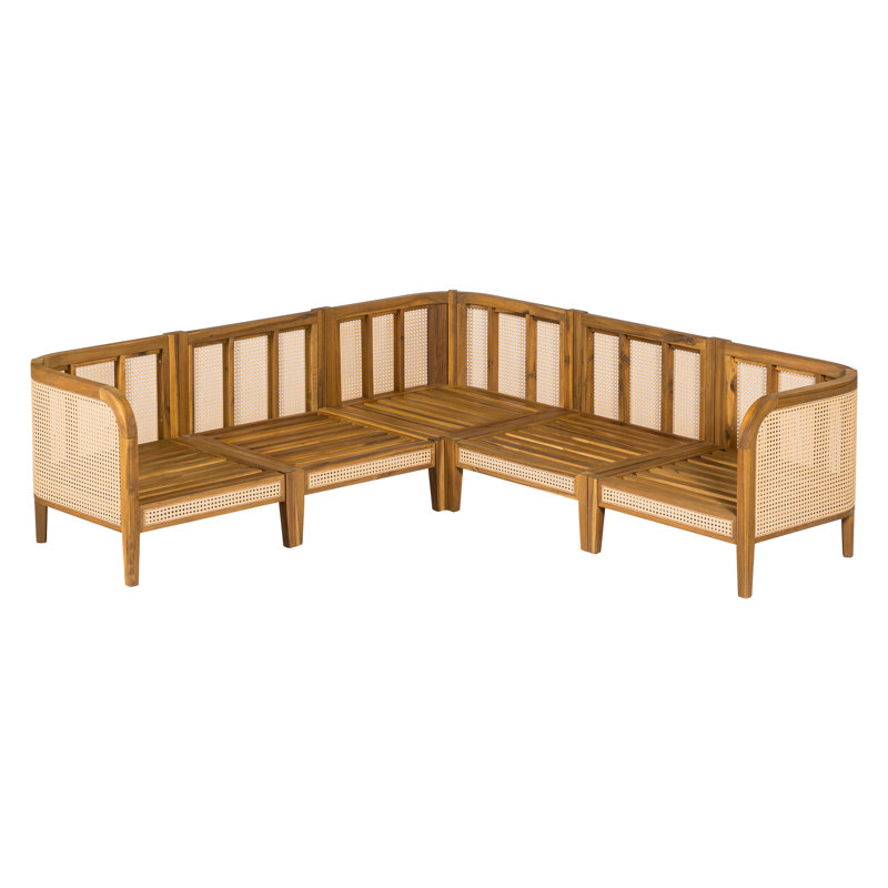 Ensemble de canapé d'extérieur en bois d'acacia en forme de V 5 places Kirkby avec coussins moelleux pour une détente confortable