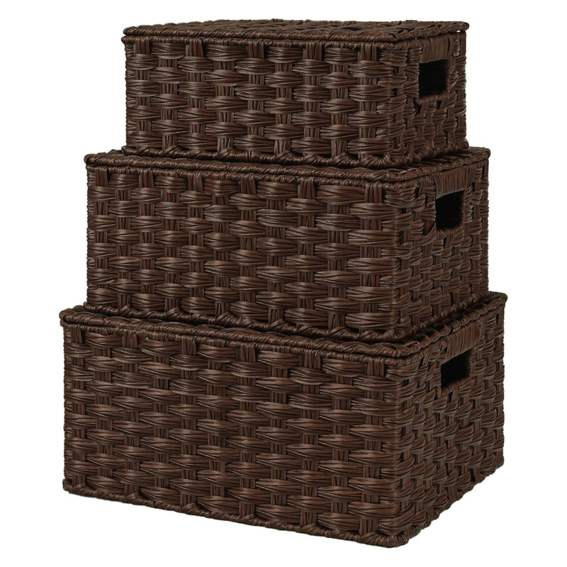 Ensemble de 3 paniers de rangement en osier brun avec couvercles, boîtes de rangement décoratives tissées