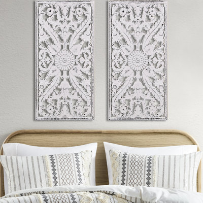 Distressed Wood Wall Decor 2 - Lotus Pattern White Wash Interior Ornament Finish Design Whitewashed Panels