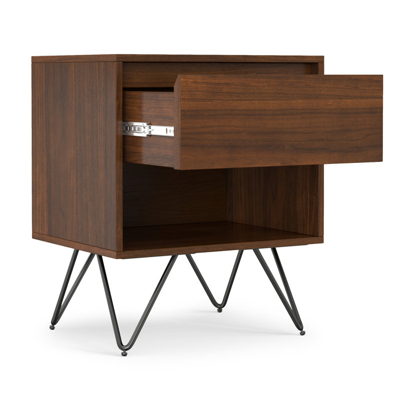 Hunter 20"W Solid Wood Industrial Modern Nightstand with 1 Drawer, Open Storage and Hairpin Legs, Walnut