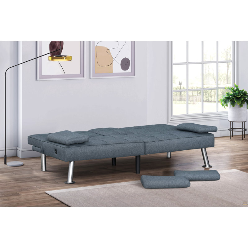 Canapé-lit convertible moderne en tissu gris avec ports USB et porte-gobelets rabattables