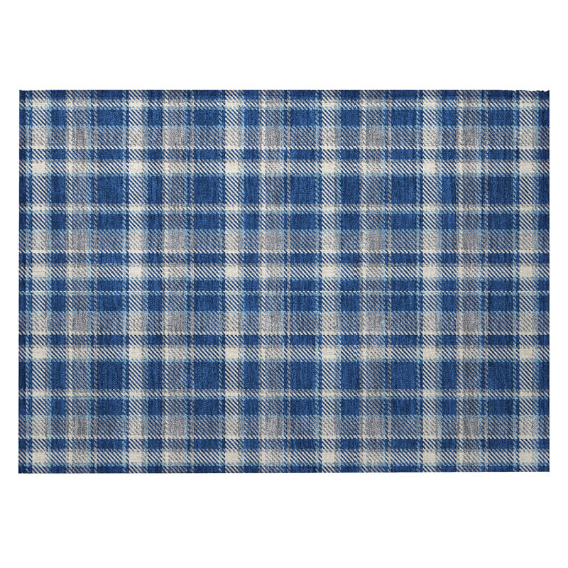 2' X 3' Navy and Ivory Plaid Washable Non Skid Indoor Outdoor Area Rug