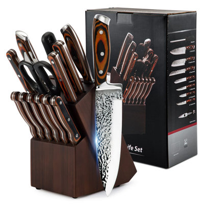 Knife Set With Knife Block, 15 Pieces Kitchen Knife Set, Knife Block Set With Knife Sharpener, Knife With Triple Rivet Wooden Handle, Extra Sharp, Wel