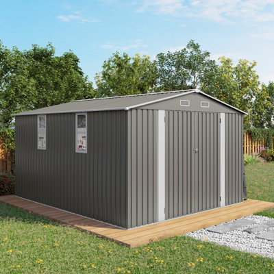 Grande remise de jardin en métal 10 x 12 pi avec une double porte et deux fenêtres imperméables pour la cour arrière, près de la piscine, gris