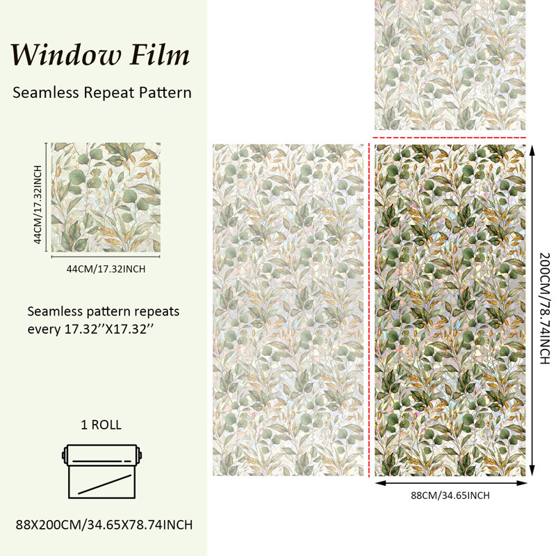 Plantes et fleurs Autocollant pour fenêtre d'intimité, 34.65" H x 78.74" W