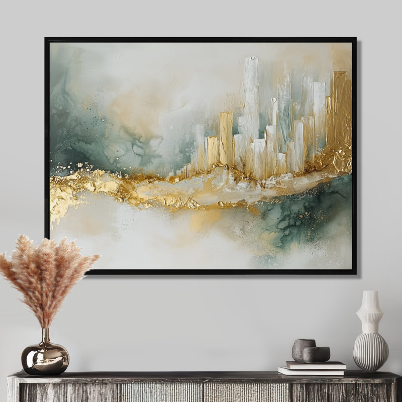 Schmid Emerald and Marble City Urban Jazz I - Art mural moderne abstrait, H 30 po x l 40 po, Noir, Cadre flottant