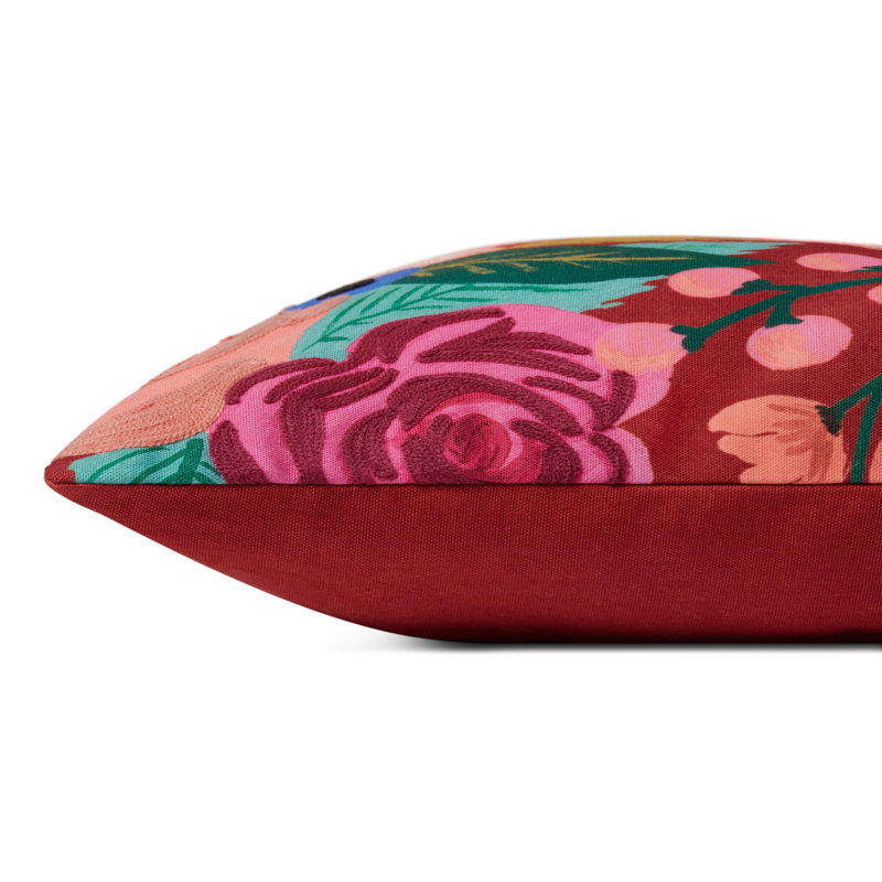 Rust Embroidered Floral Polyester Lumbar Pillow with Down Fill