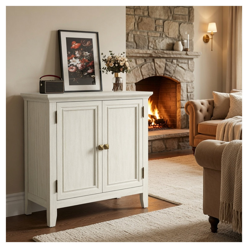 Armoire bohémienne à 2 portes de 27,5 po de largeur, console en bois d'ingénierie blanc grisâtre avec portes cannelées et tablettes réglables
