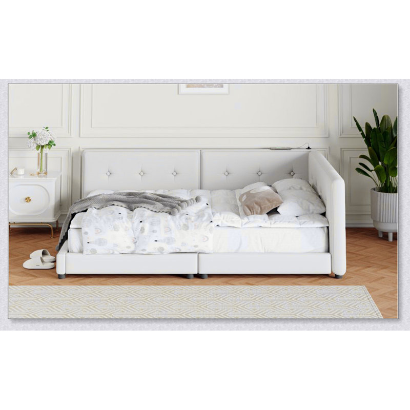 Lit plateforme tapissier avec ports USB, Beige, Grand