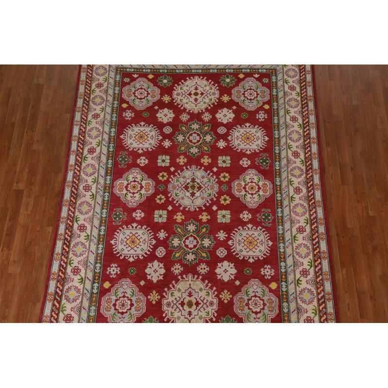 Tapis rouge / vert / ivoire en laine noué à la main de conception unique 6 pi 6 po x 9 pi 8 po New Age