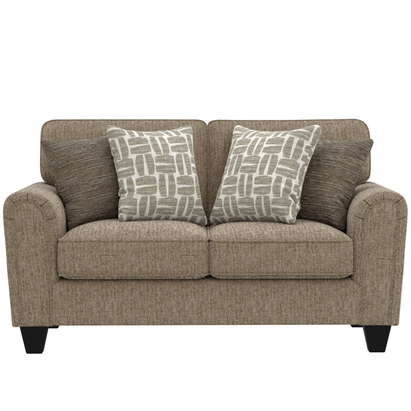 Tan Upholstered Loveseat with 4 Throw Pillows