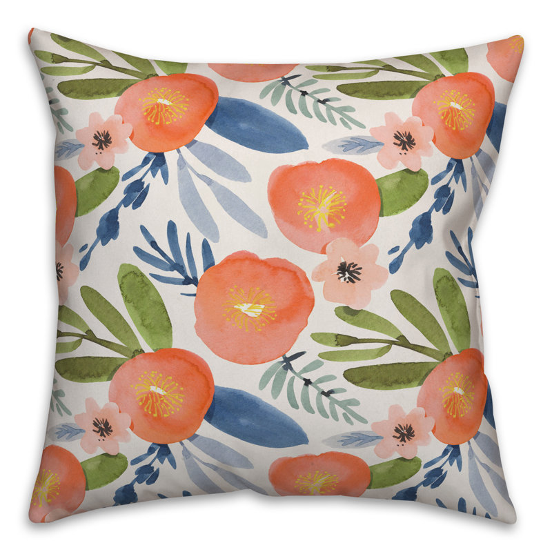 Watercolor Floral Outdoor Square Pillow, 18" x 18", Pink/Green/Blue, Polyester/Polyfill