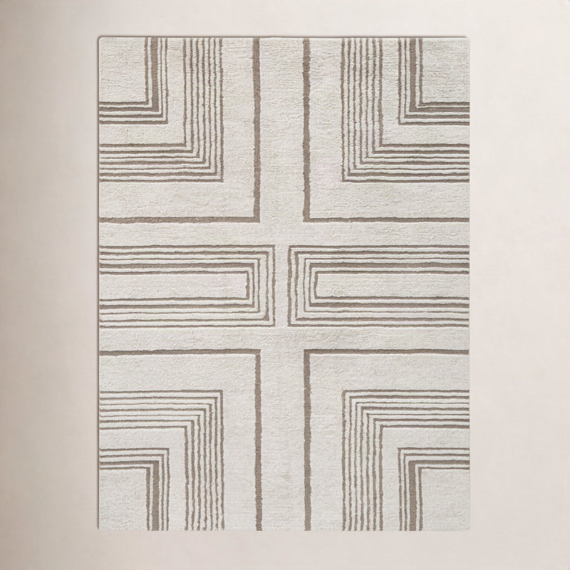 Geometric Hand Tufted Wool Area Rug in Taupe/Ivory, Rectange 7'6" x 9'6"