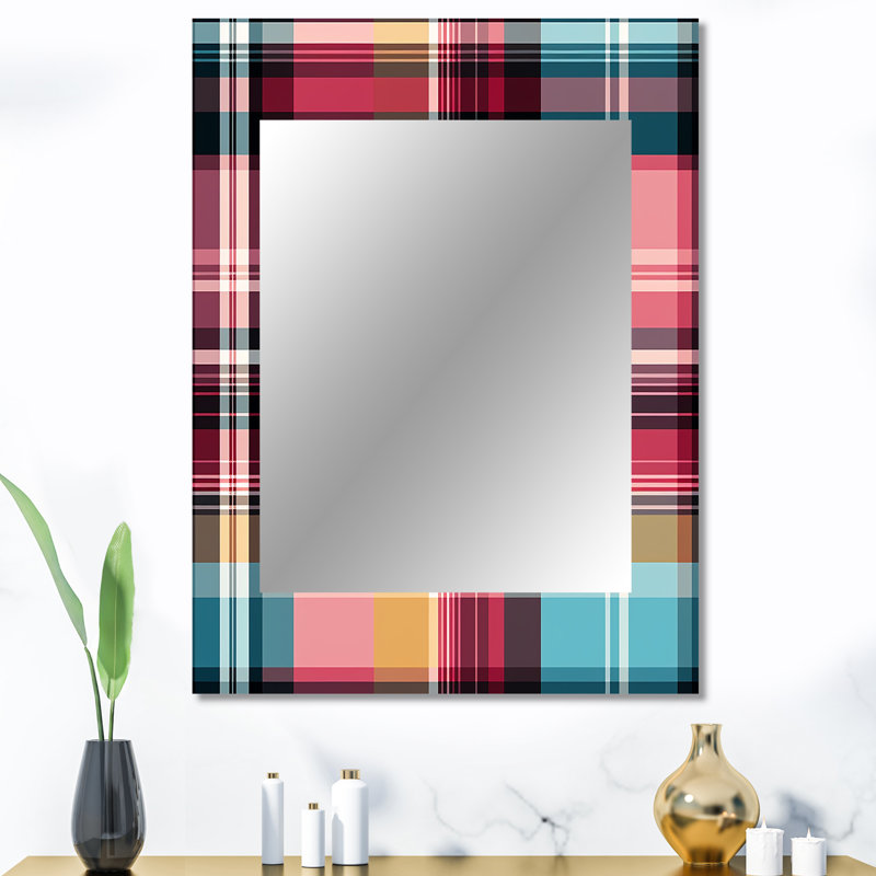 Bohemian Pink And Blue Plaid Pattern - Plaid  Mirror, Plaid Decorative Wall Mirror, Printed Metal Art, 40" x 30"
