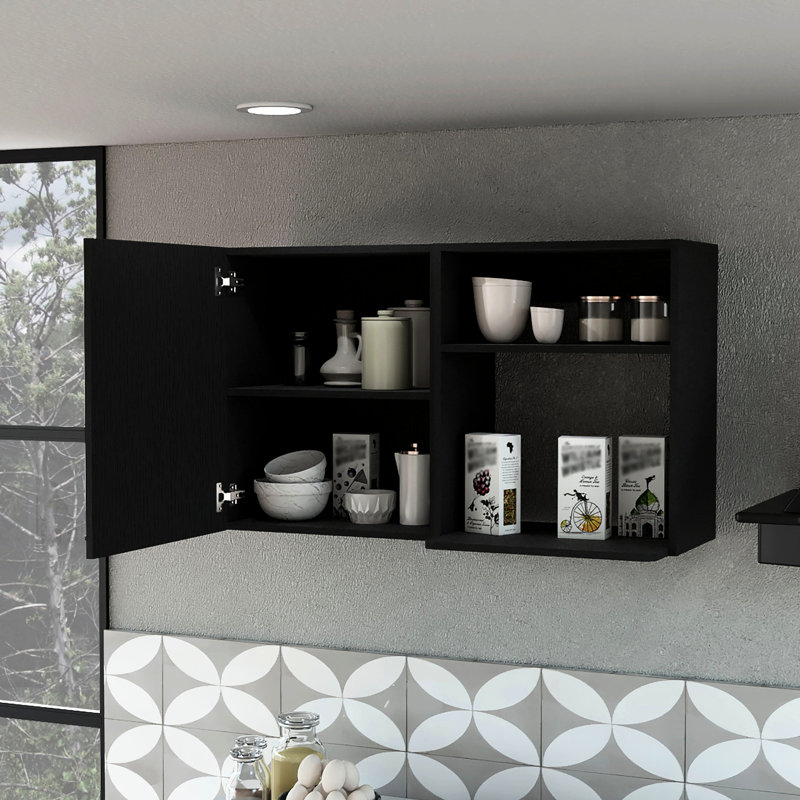 Armoire de cuisine noire - 2 unités, chacune avec des tablettes, une poignée en métal, une installation sans effort, améliore le rangement et l'organisation du mur pour les tablettes à niveaux, permet d'économiser facilement de l'espace au sol