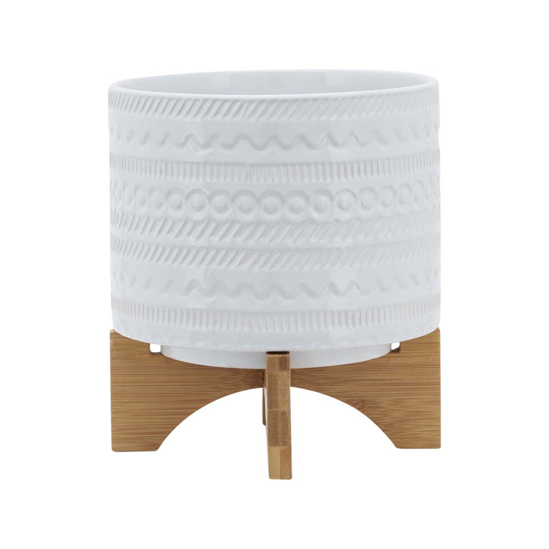 Natacha Stoneware Planter with Bamboo Stand - Ceramic Plant Pot with Raised Decorative Design, Modern Elevated Display, White