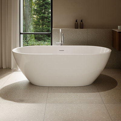 Ayago 65.98" x 29.53" Solid Surface Freestanding White Acrylic Soaking Bathtub, with Overflow and White Pop-up Drain