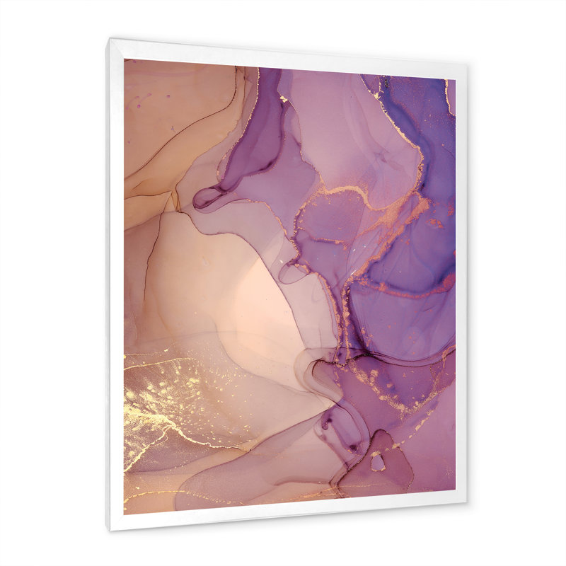 Nuage d'encre de marbre mauve et jaune - peinture sur toile, H 20 po x l 12 po x P 1 po, Cadre photo blanc
