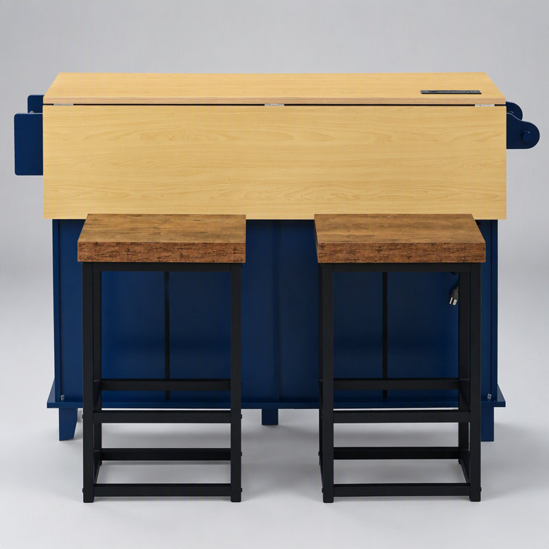 Îlot de cuisine de style champêtre avec abattant et 2 places assises, nombreux rangements et prise électrique, bleu, Bleu