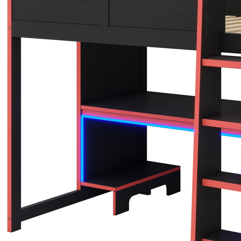 Lit mezzanine en bois avec bureau intégré, garde-robe, DEL et tiroir, Double