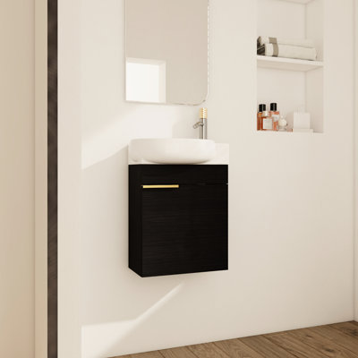 Meuble-lavabo de salle de bain - 40 cm (16 pouces) compact pour petites salles de bain, couleur châtaigne noire, avec poignée en métal, fixation murale.