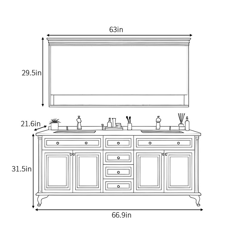 Armoire de salle de bain American Vintage, H 31,5 po x l 66,9 po x P 21,6 po