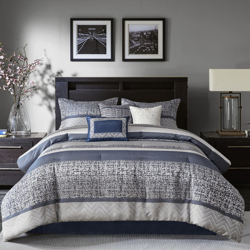 7 Piece Navy King Comforter - With Embroidered & Stripe Design Pillows With Decor, Navy