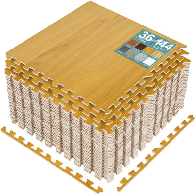 Sorbus Waterproof Wood Grain Foam Floor Tiles, 36 Tiles, 144 Sq Ft, Interlocking, Golden Brown