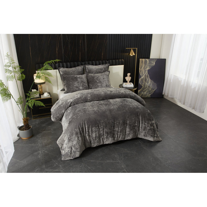 Ensemble d'édredon 100% velours gris Zera, Gris, Édredon de très grand lit + 4 pièces additionne