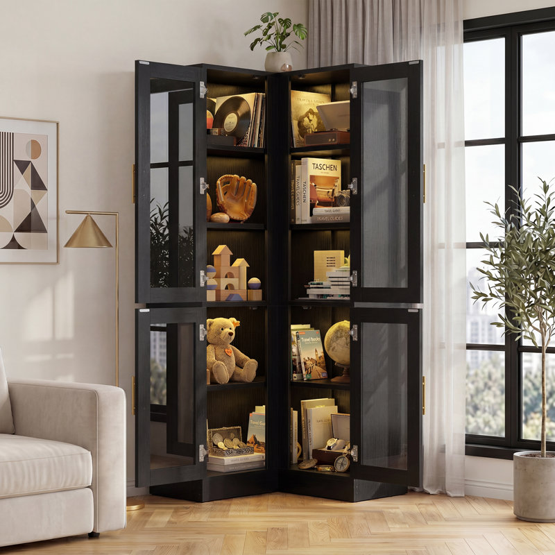 5-Tier Corner Bookcase With Glass Doors, Black