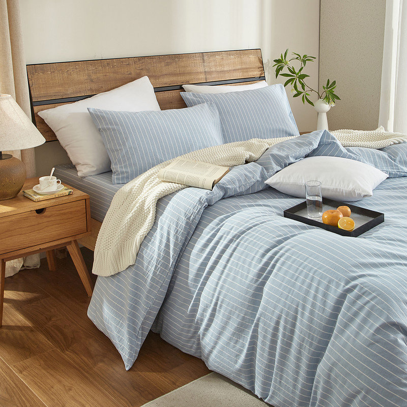 Ensemble de housse de couette à rayures 100% coton délavé Life, Bleuet / blanc, Housse de couette simple + 2 taies d'oreiller