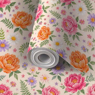 Papier peint adhésif à motifs floraux (pivoines, marguerites, fleurs sauvages) - Facile à poser et à enlever - Idéal pour les locataires - Parfait pour la chambre, le salon, la cuisine, la salle de bain ou comme mur d'accent