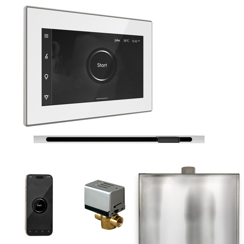 Ensemble de commande de douche à vapeur XButler avec commande iSteamX et tête de vapeur linéaire en blanc , Chrome poli