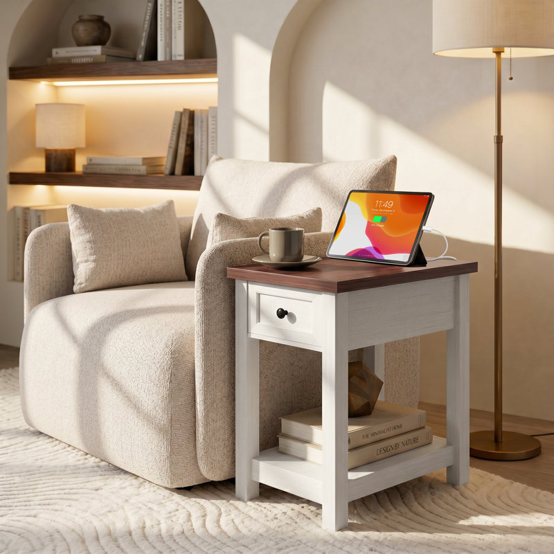 Table de bout en bois massif avec un tiroir et une station de charge, Blanc/noyer, 1