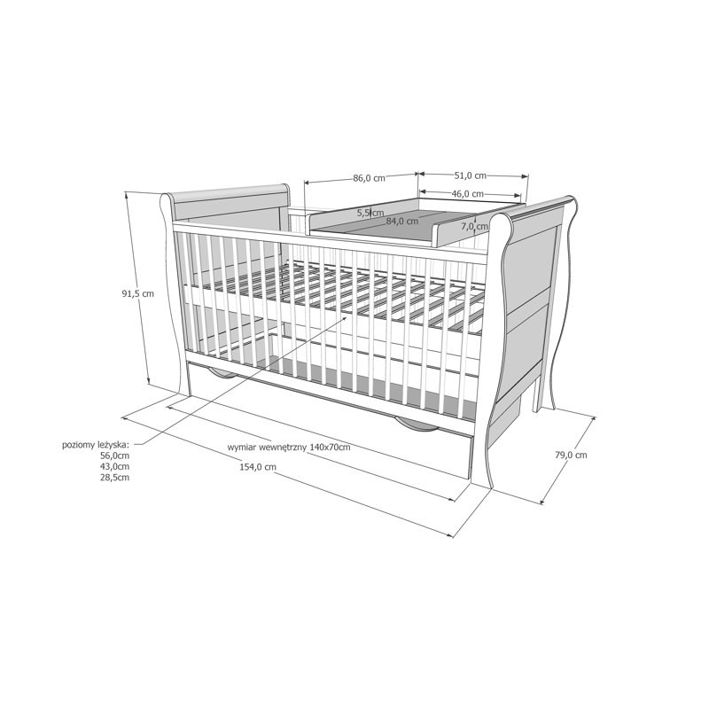 Valletta 3 Cot Bed, Grey, No