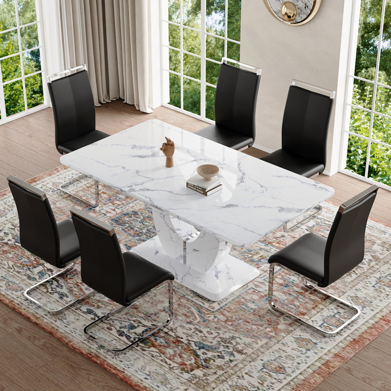 Ensemble de table de salle à manger, Noir / argent, Marbre blanc, 7 pièces