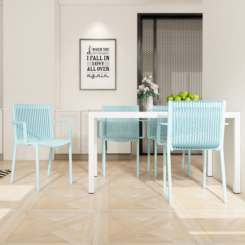 55 Inch White Modern Table And 4Pcs Blue Stackable Pp Armchairs For Indoor/Outdoor Environments, All-Weather Non-Slip Metal Legs, Ergonomic Chair Design, High-Grade Tabletop, -, , , Structure,