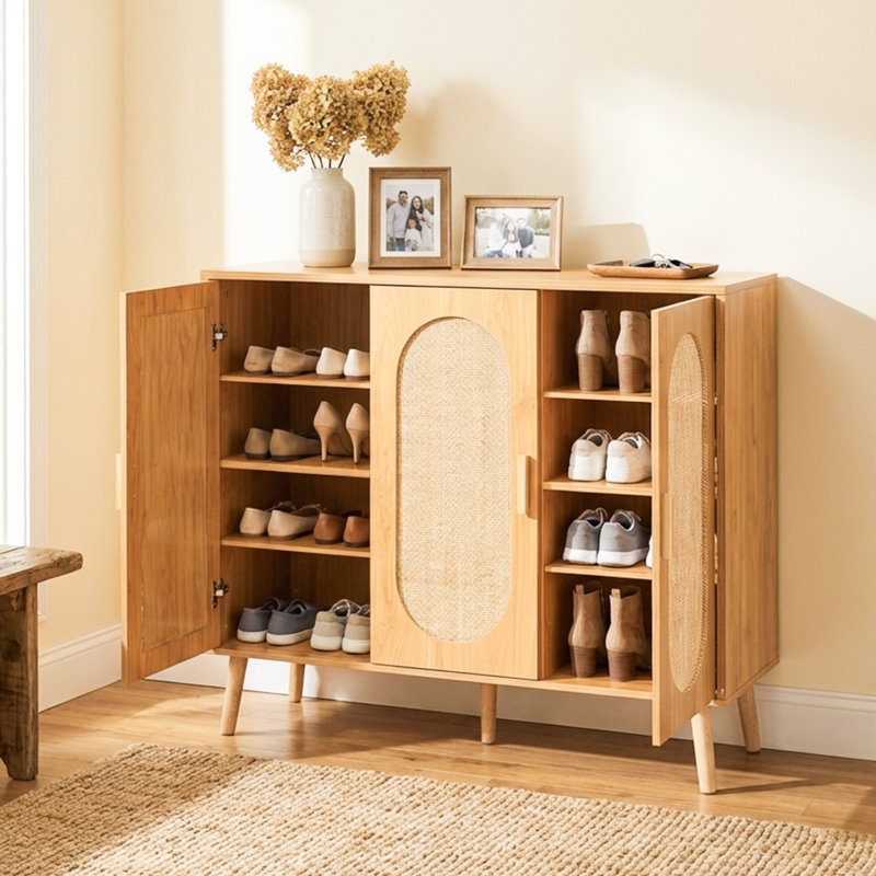 24 Pair Shoe Storage Cabinet, Medium Yellow Wood