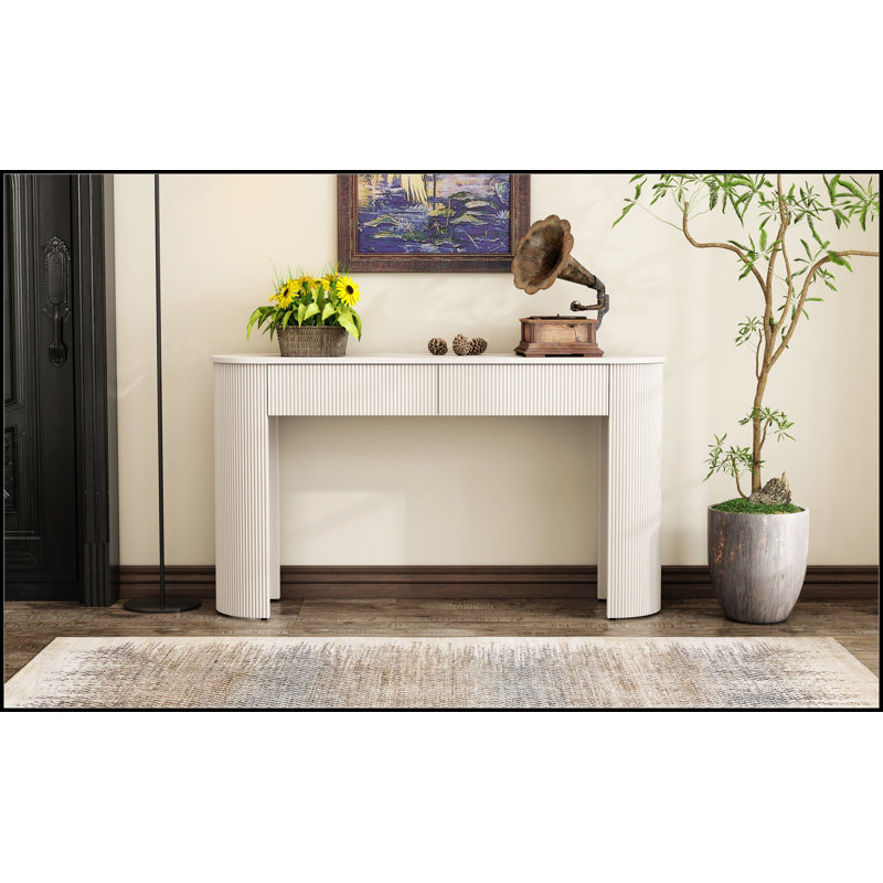 Table d'entrée moderne cannelée avec rangement, plateau ovale élégant et 2 tiroirs pour une décoration intérieure élégante
