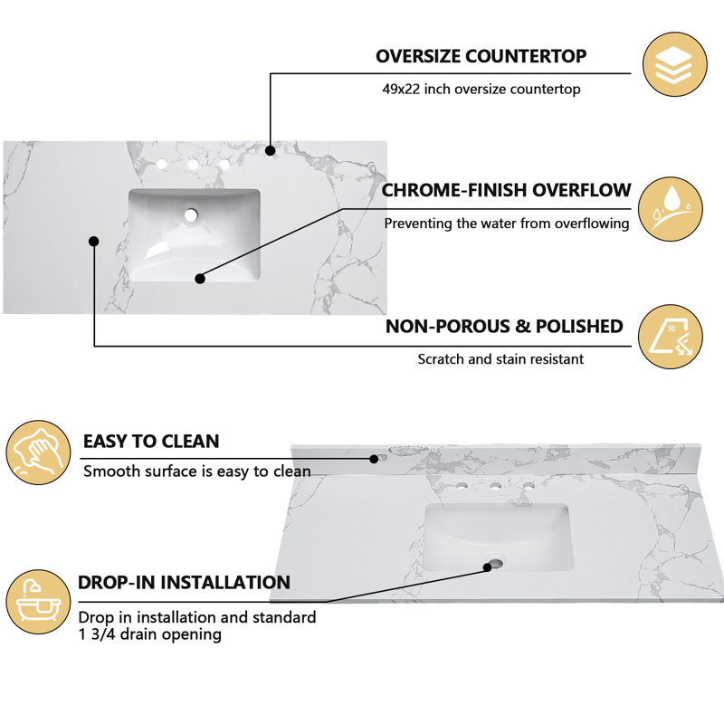 Plateau de meuble-lavabo simple 49 po en pierre reconstituée avec lavabo - pour remplacement de meuble-lavabo, sans armoire