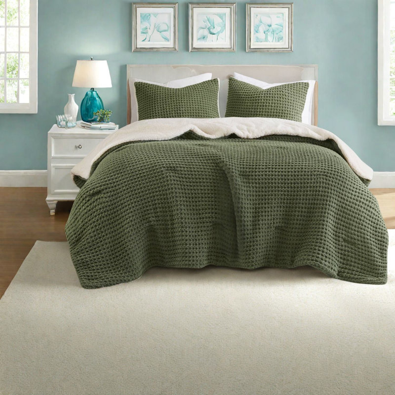 Ensembles de literie luxueux en chenille tricotée gaufrée de couleur olive, double / grand, confortable et élégant