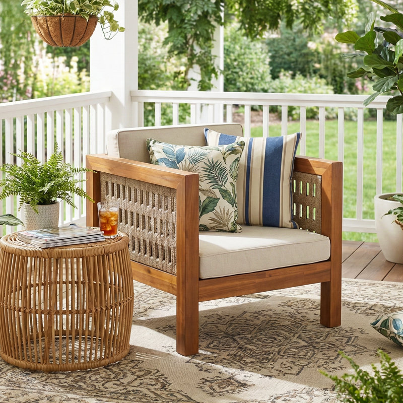 Outdoor Club Patio Chair with Cushions, Mix Brown Rope/Teak Finish