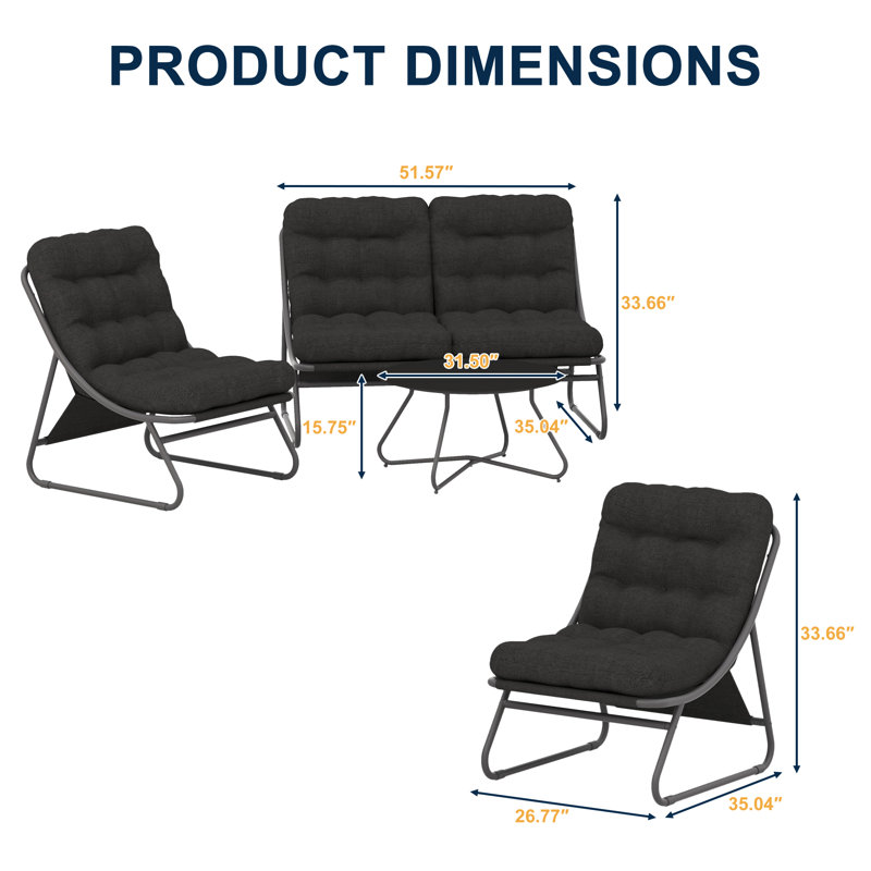 Ensemble de meubles de patio en métal 4 pièces, ensemble de conversation moderne avec table basse en verre trempé