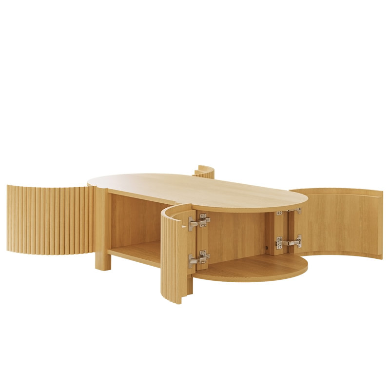 Table basse ovale cannelée avec rangement pour le salon, bois d'hévéa massif, 1 tablette et 2 portes de rangement ouvertes, naturel, 47 po
