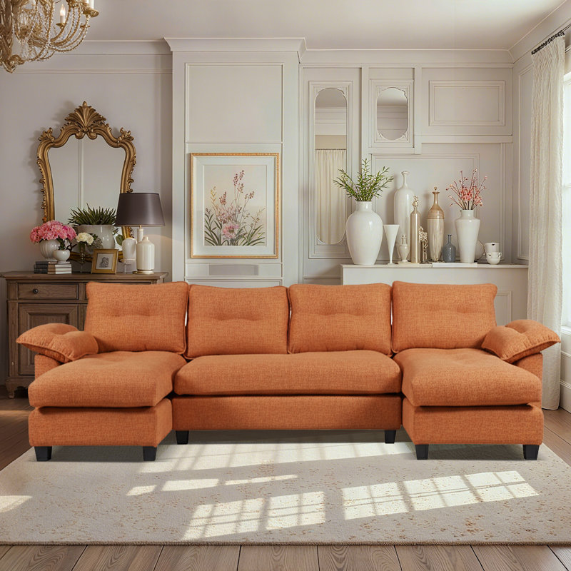 Deandre 104.7" Chenille Sofa with Symmetric U-shaped Design, Convertible Pull-Out Bed, USB/Type-C Charging Ports, Detachable Armrests & Thick Cushions for Living Room Leisure & Versatile Home Use