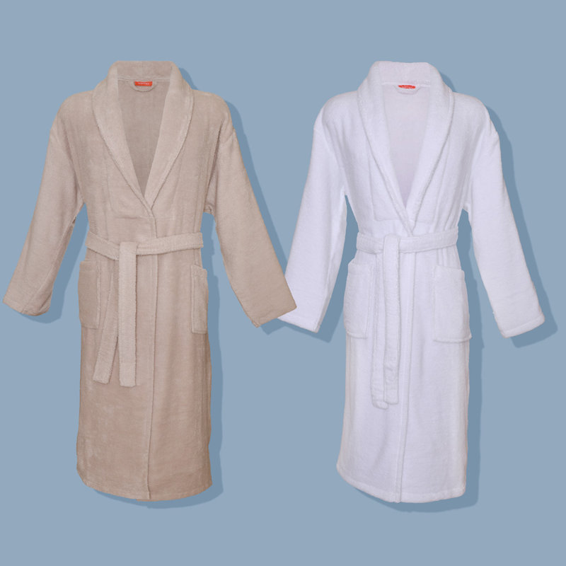 White Cotton Terry Cloth Mid-Calf Bathrobe with Pockets